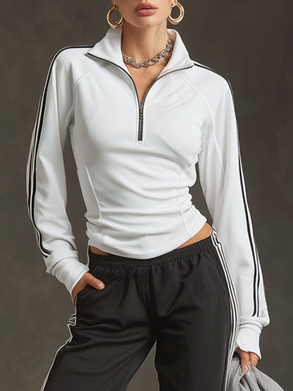 Sporty Retro Striped Black-White Long-sleeved Sweatshirt And Wide-leg Pants Set