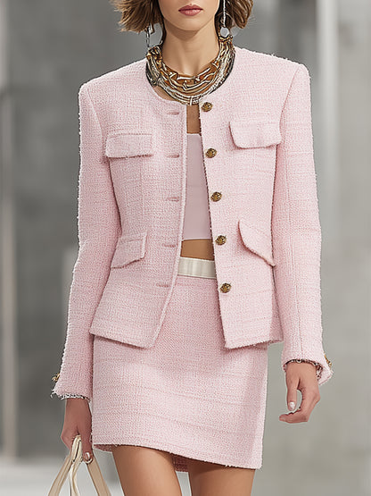 Pink Tweed Crew Neck Coat And Skirt Set