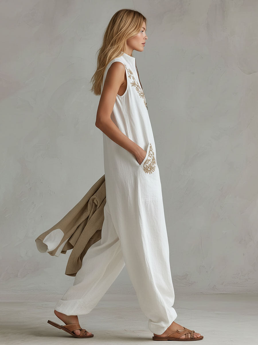 Loose-fitting Stand-up Collar Zip-up Embroidered Cotton Linen Sleeveless Jumpsuit