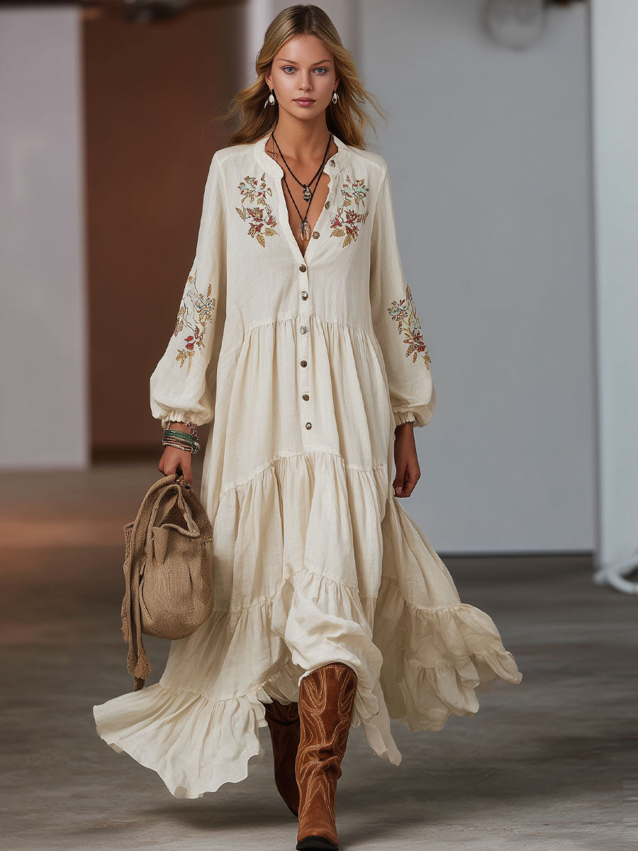Bohemian Style Loose Floral Embroidered Cotton And Linen Maxi Dress