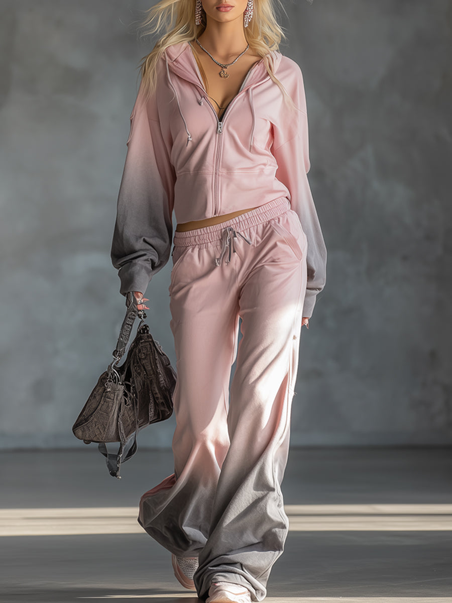 Trendy Sporty Pink Gradient Gray Hoodie And Wide-leg Pants Set