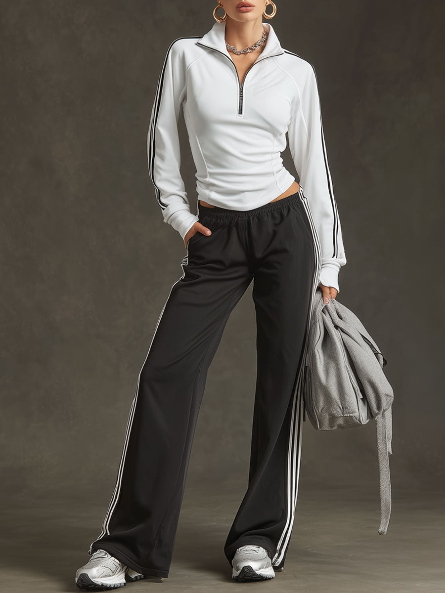 Sporty Retro Striped Black-White Long-sleeved Sweatshirt And Wide-leg Pants Set