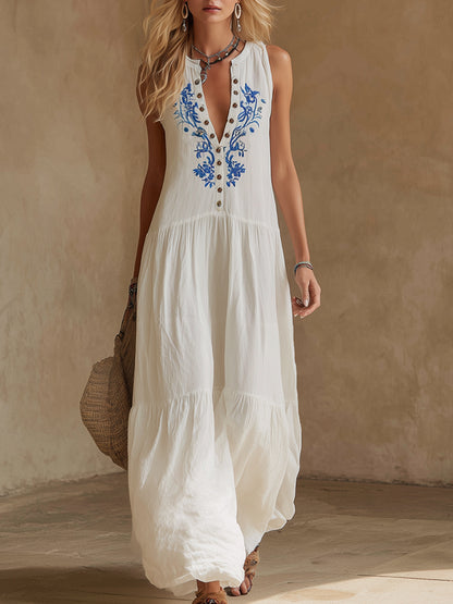 Elegant And Casual Contrasting Color Long-sleeved White Cotton And Linen Sleeveless Maxi Dress