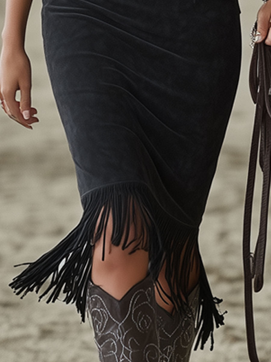 Western-style Retro Floral Embroidered Tassel Black Faux Suede Sleeveless Midi Dress