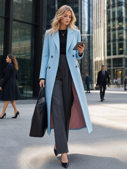 Elegant Classic Lapel Double-breasted Style With Striped Lining Mid-to-long Tweed Coat