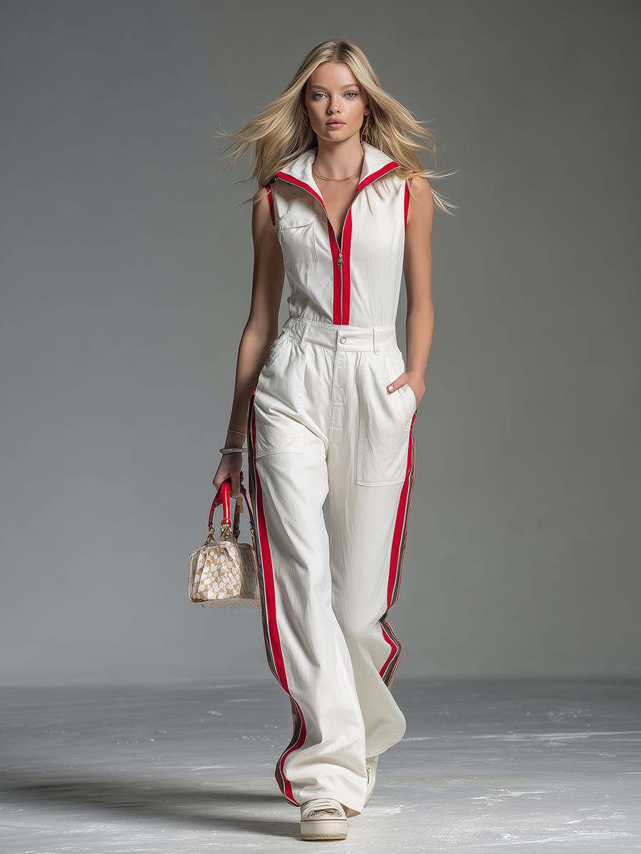 Sporty And Stylish Collared Sleeveless Top And Pants Set