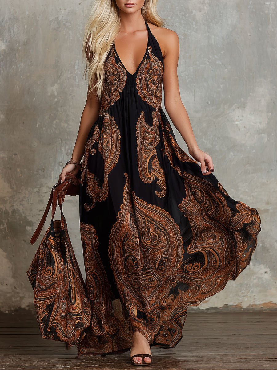 V-neck Paisley Print Chiffon Sleeveless Maxi Dress