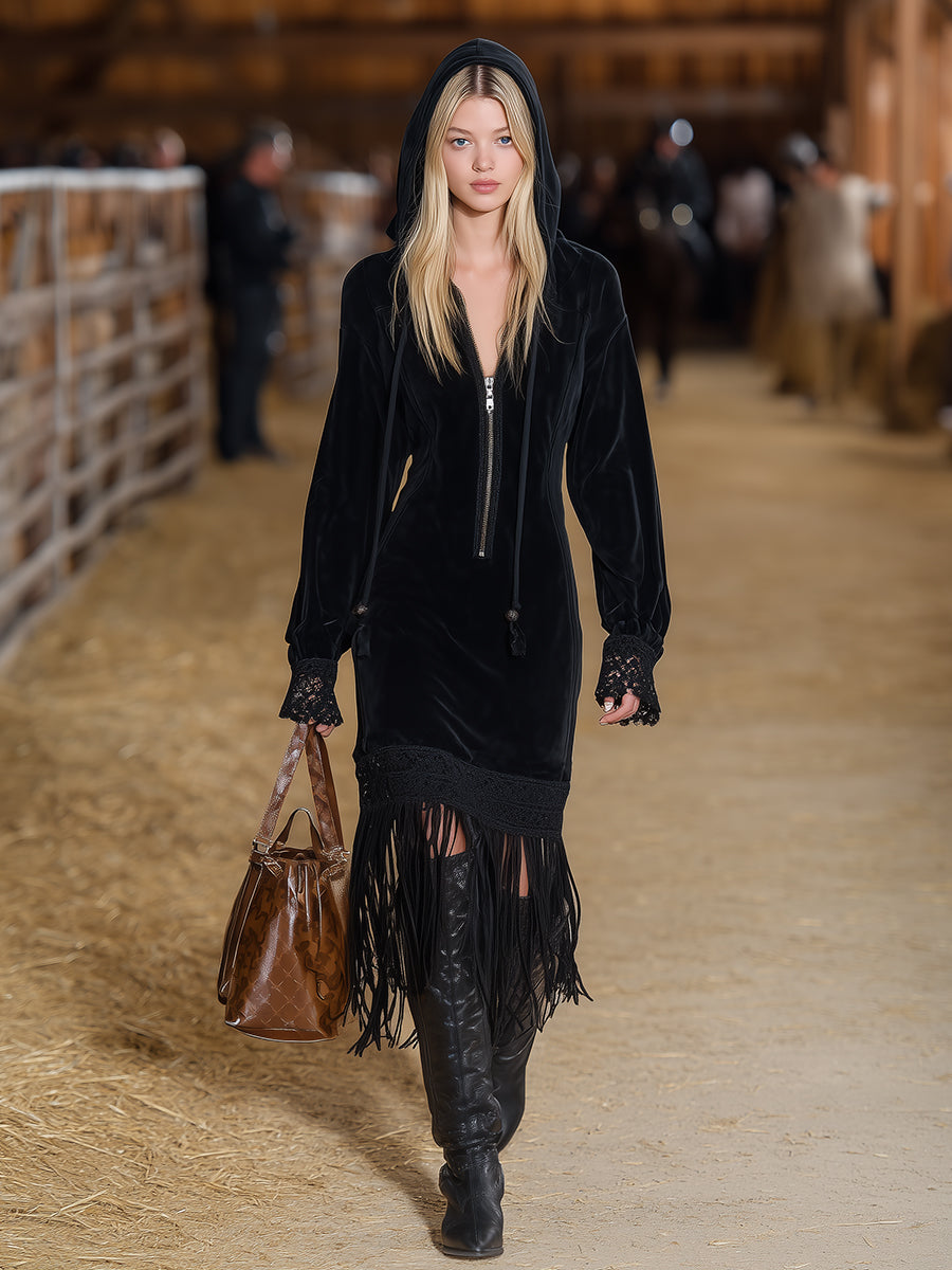 Western Black Faux Suede Patchwork Lace Tassel Zipper Midi Dress