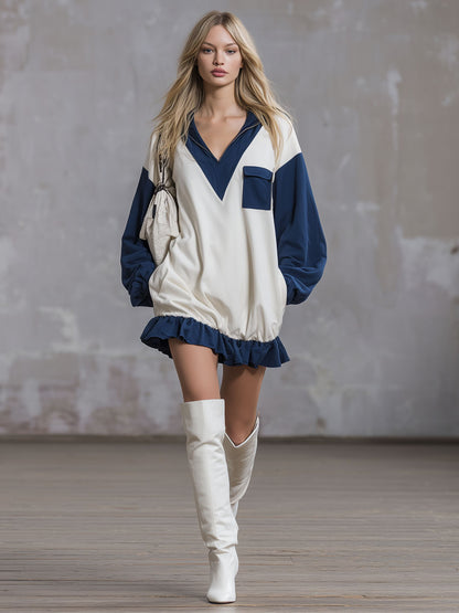 Loose-fitting Color-blocked Half-zip Long-sleeved Athletic Mini Dress