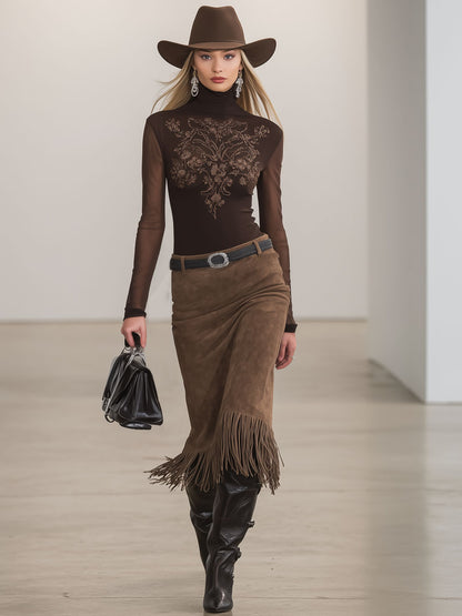 High-neck Embroidered Long-sleeved T-shirt And Faux Suede Tassel Skirt Set