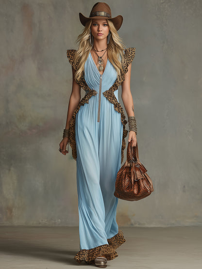 Retro Sporty Style V-neck Ruffled Sleeveless Chiffon Jumpsuit