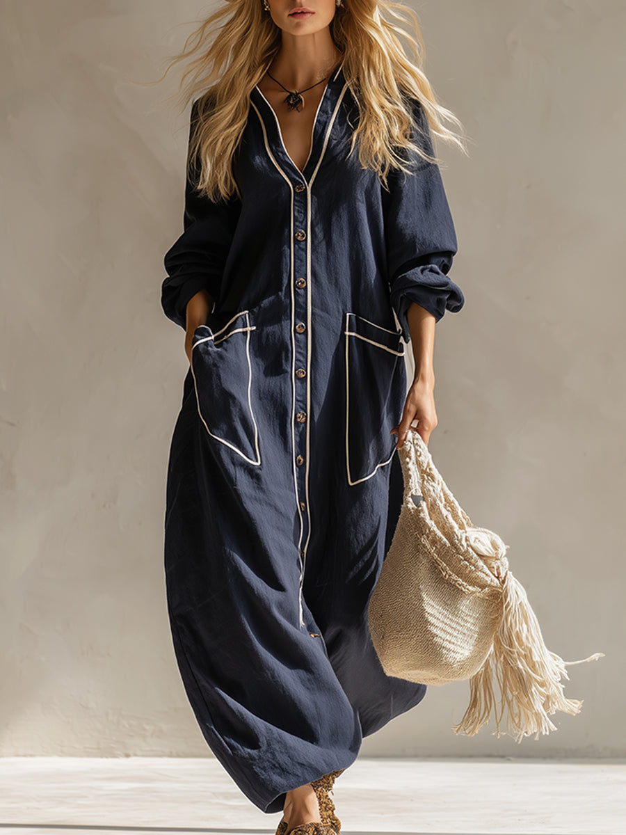 Elegant Urban-style Navy Blue Cotton And Linen Maxi Dress