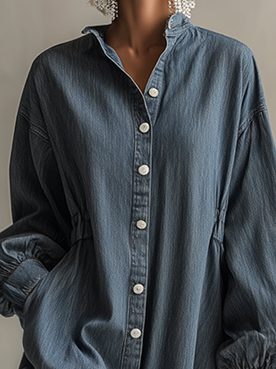 Elegant Silhouette Blue-grey Denim Front Button Midi Dress