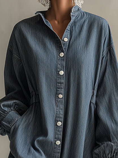 Elegant Silhouette Blue-grey Denim Front Button Midi Dress