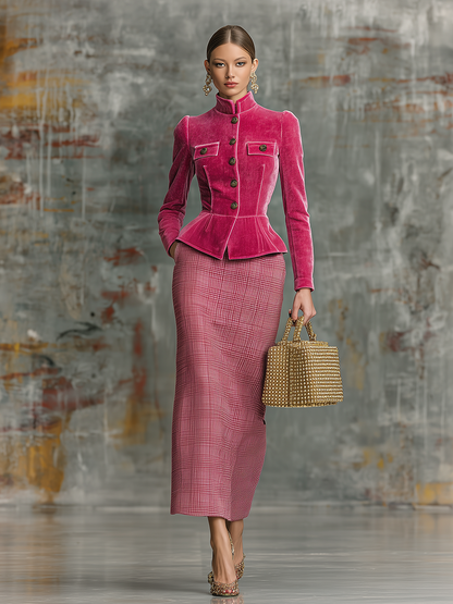 Elegant Retro Stand-collar Velvet Jacket And Plaid Skirt Set