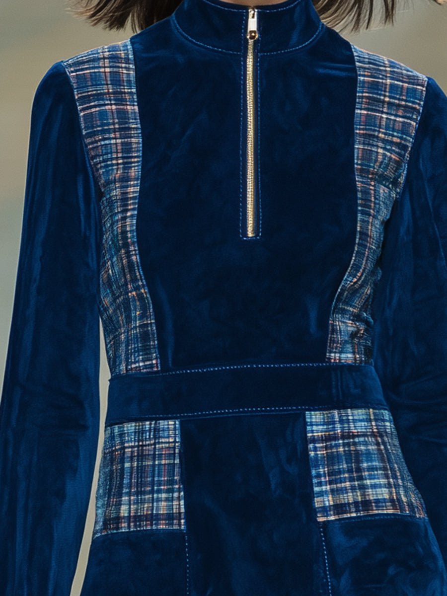 Fashionable Blue Faux Suede Patchwork Plaid Zip-up Round Neck Mini Dress