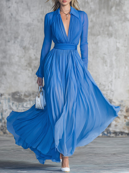Stylish Blue Pleated Chiffon V-neck Maxi Dress
