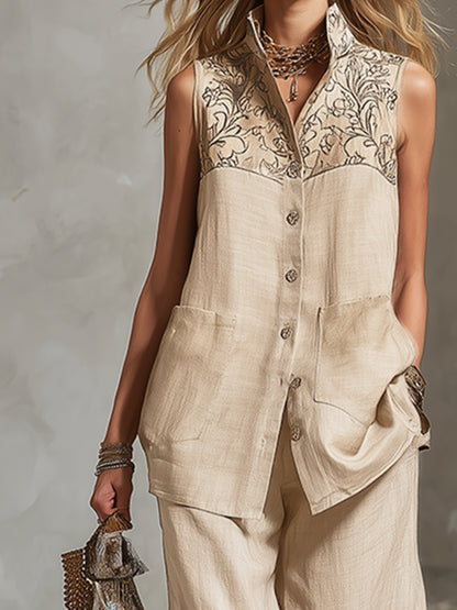 Elegant And High-end Embroidered Cotton And Linen Sleeveless Shirt And Wide-leg Pants Set