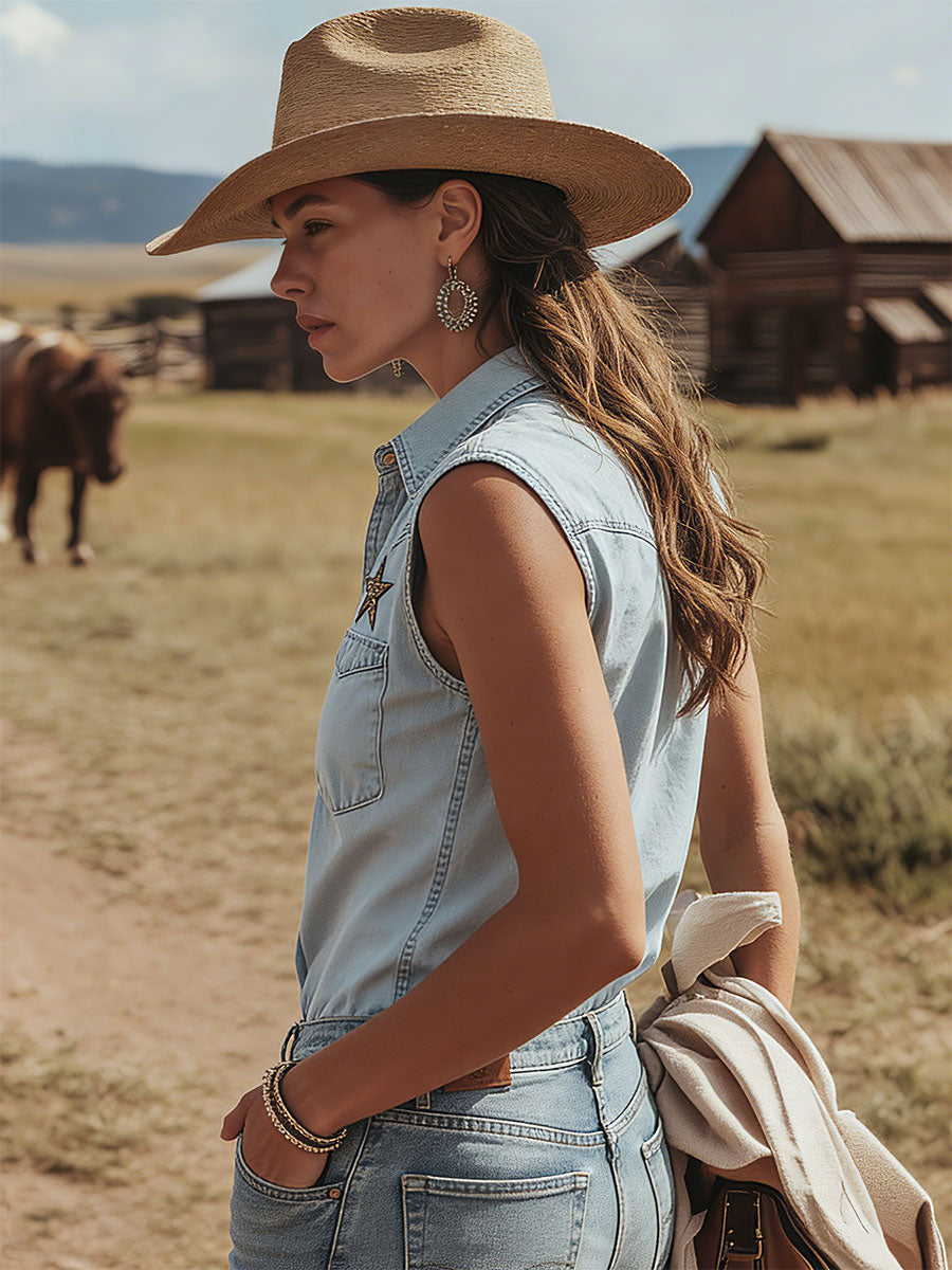 Western Retro Embroidered Blue Sleeveless Denim Shirt