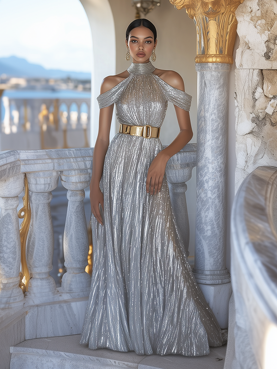 Elegant Halterneck Silver Maxi Dress