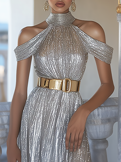 Elegant Halterneck Silver Maxi Dress