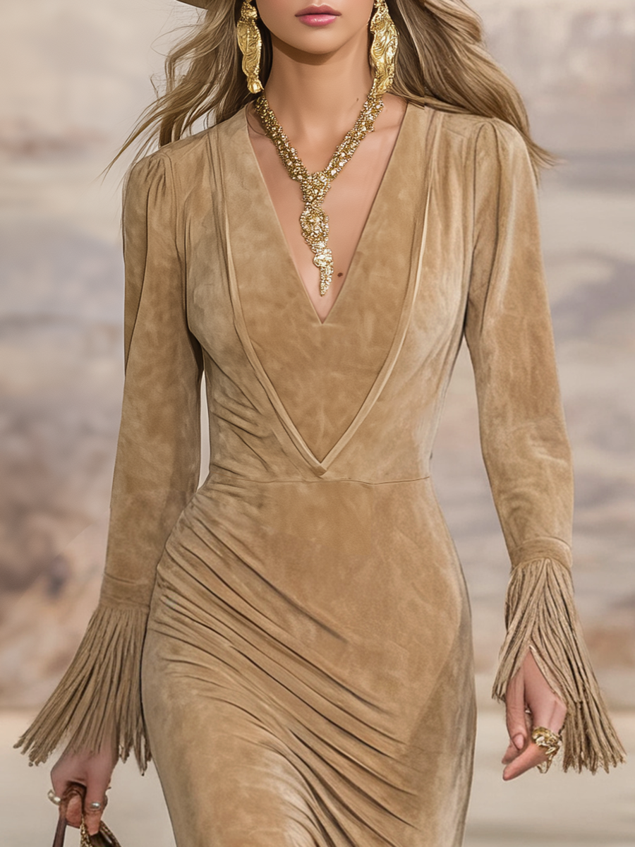 Retro Western Style V-neck Fringed Faux Suede Maxi Dress