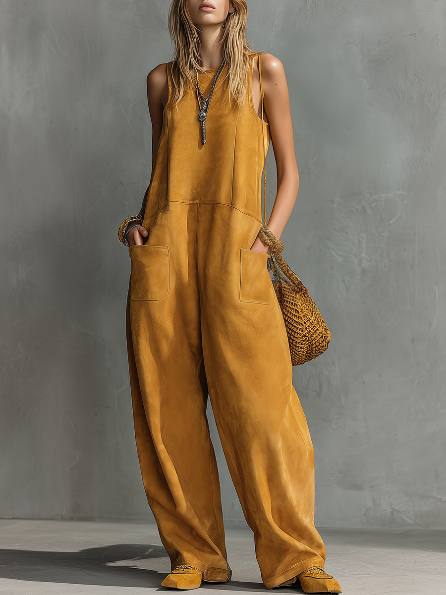 Retro Western Style Round Neck Sleeveless Faux Suede Jumpsuit
