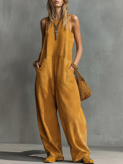 Retro Western Style Round Neck Sleeveless Faux Suede Jumpsuit