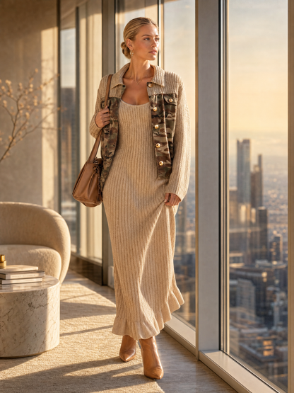 Cozy Oatmeal Ribbed Knit Scoop-Neck Sleeveless Bodycon Sweater Maxi Dress