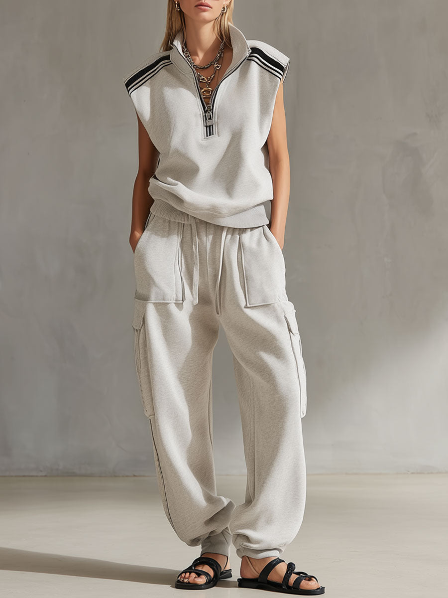 Casual Retro Sporty Gray And White Half-Zip Sleeveless Sweatshirt And Cargo Pants Set