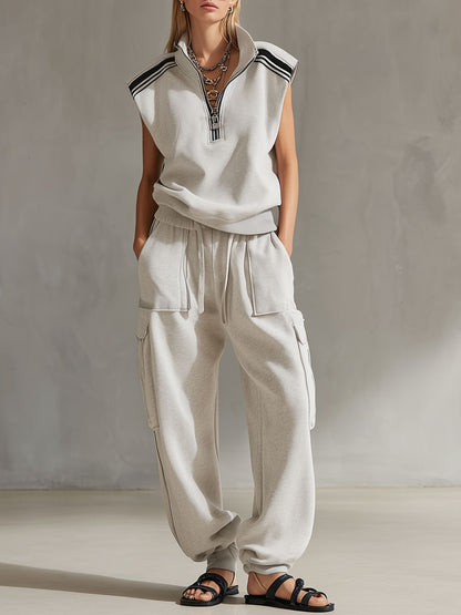 Casual Retro Sporty Gray And White Half-Zip Sleeveless Sweatshirt And Cargo Pants Set