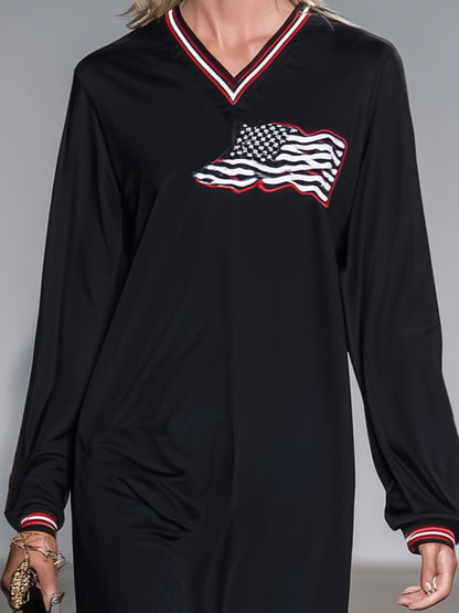 Casual Black V-neck  With Red And White Ribbon And Flag Embroidery Maxi Dress