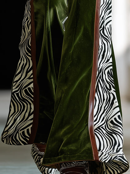 Western-style Green Velvet Flared Pants With Brown Webbing Zebra Print