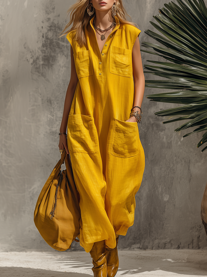 Vintage-style Vacation Collared Multi-pocket Sleeveless Cotton And Linen Maxi Dress