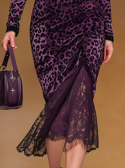 Stylish And Elegant Lace Purple Leopard Print Square-neck Midi Dress