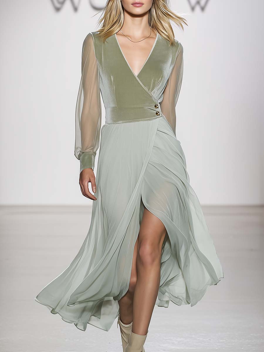Elegant Flowing V-neck Mint Green Velvet And Chiffon Patchwork Slit Midi Dress