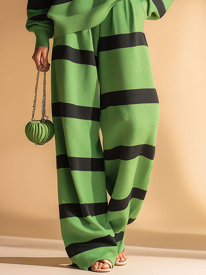 Casual Sports Green And Black Striped Sweatshirt And Pants Set
