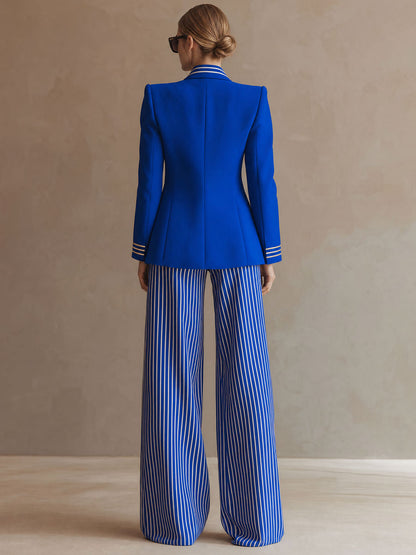 Retro-elegant Fitted Gold Ribbon Royal Blue Blazer