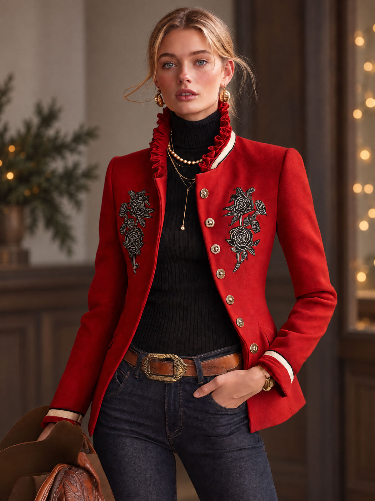 Ruffled Stand-up Collar Single-breasted Rose Embroidered Jacket