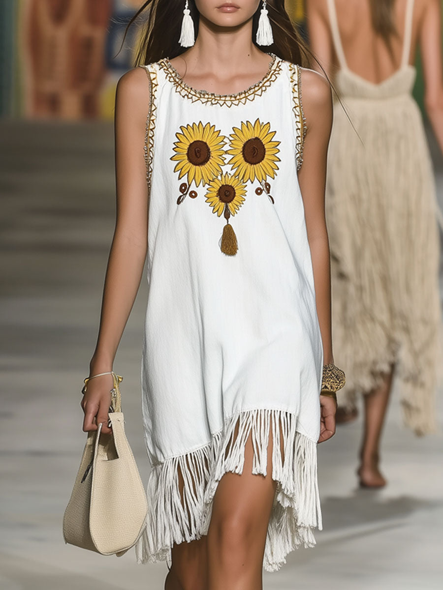 Casual Loose Vintage Sunflower Embroidery White Denim Tassel Mini Dress