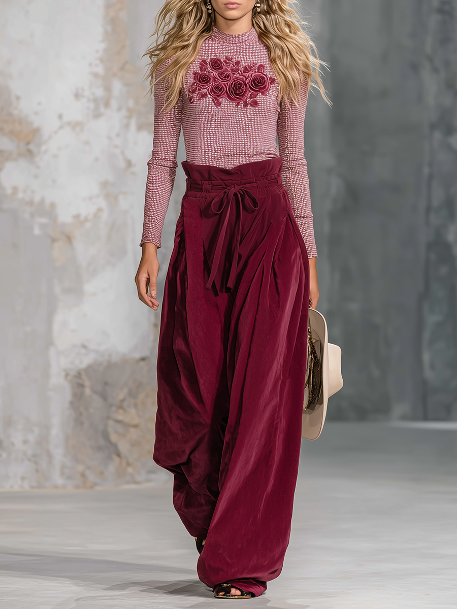 Retro-chic Pink Embroidered Top And Red Faux Suede Paper Bag Pants Set