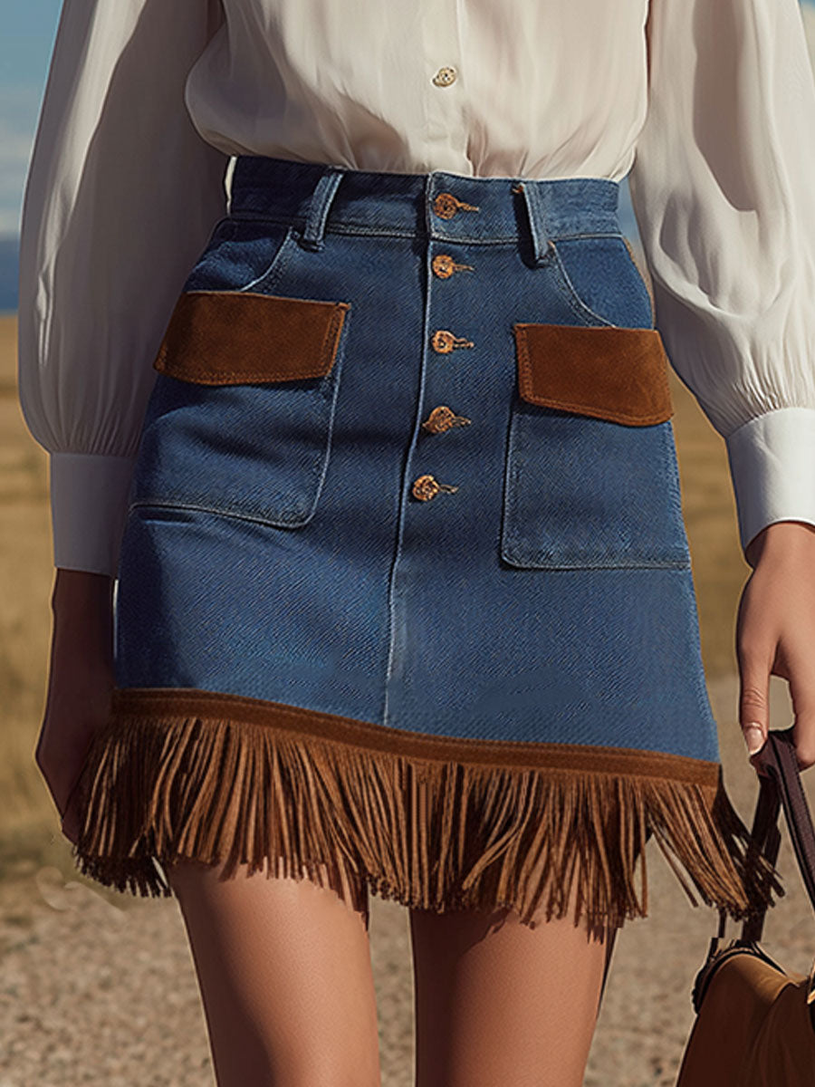 Western Retro Blue Denim Patchwork Brown Faux Suede Tassel Mini Skirt