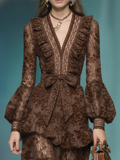 Casual And Stylish V-neck Ruffled Brown Lace Maxi Dress