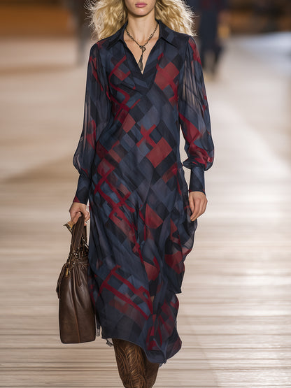 Retro-chic Red And Blue Floral Print V-neck Chiffon Maxi Dress