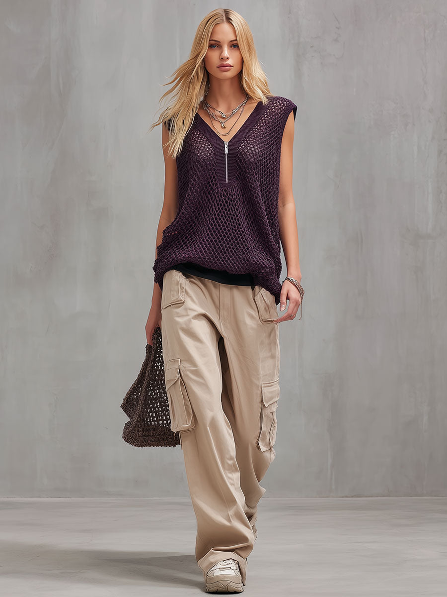 Stylish And Casual Purple Mesh Knit Sleeveless T-shirt And Khaki Trousers Set