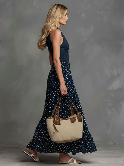 Casual Retro Style Blue V-neck Vest And Polka Dot Chiffon Skirt Set