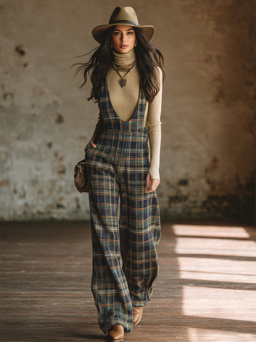 Classic Retro Blue Plaid Side-button Wide-leg Overalls