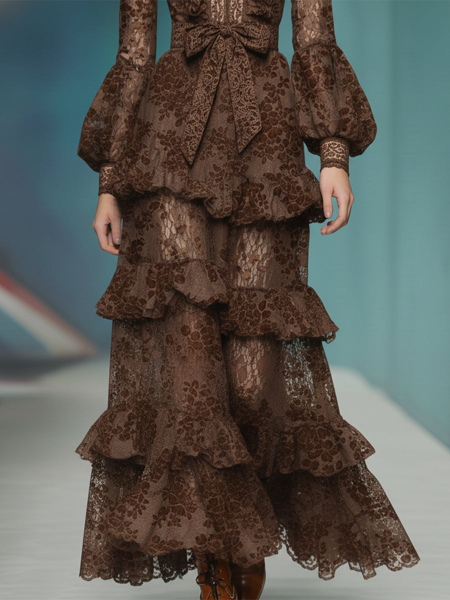 Casual And Stylish V-neck Ruffled Brown Lace Maxi Dress