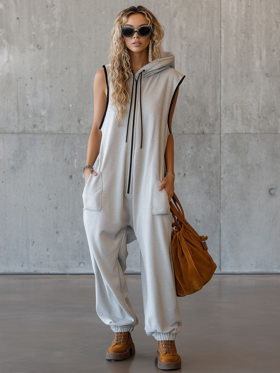 Sporty Retro White-grey Cotton Blend Sleeveless Hooded Jumpsuit