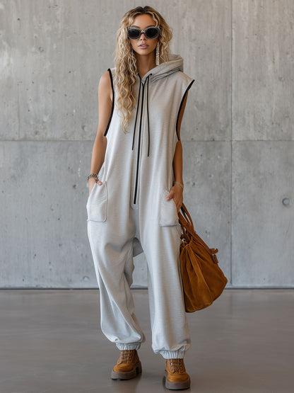 Sporty Retro White-grey Cotton Blend Sleeveless Hooded Jumpsuit